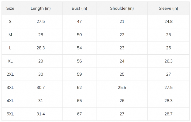 Men's and Women's Bomber Jacket Size Chart inch