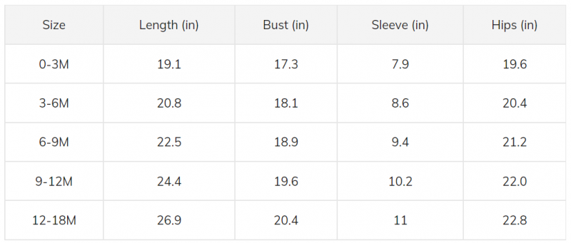 Long Sleeve One Piece Size Chart inch