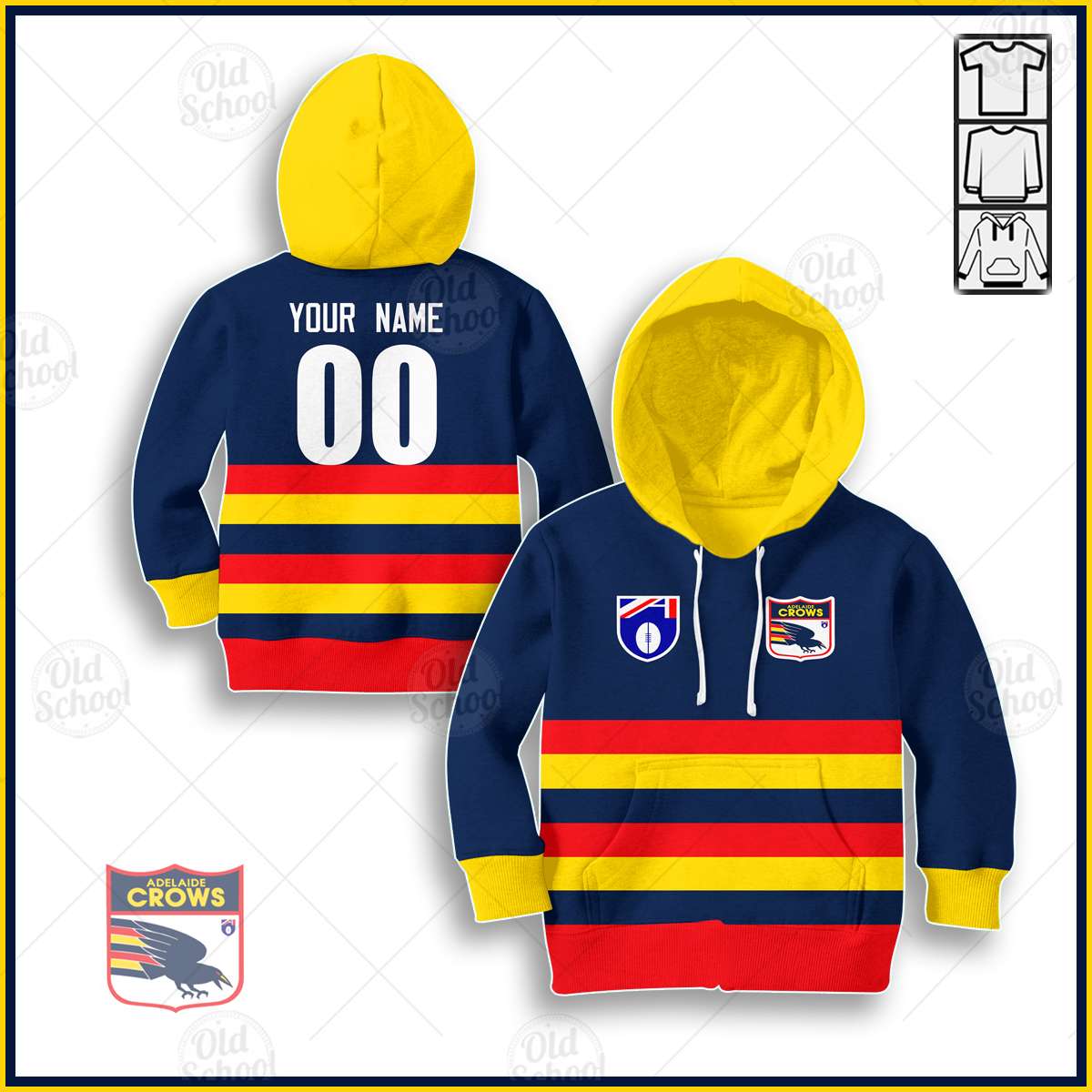 AFL Adelaide Crows Custom Name Number Vintage Retro Guernsey 90s Kids Pullover Hoodie