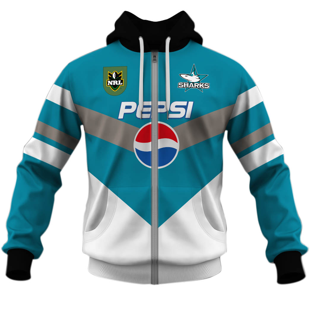 NRL Cronulla-Sutherland Sharks Custom Name Number 1999 Retro Pepsi Jersey Zip Up Hoodie NRL Cronulla-Sutherland Sharks Custom Name Number 1999 Retro Pepsi Jersey Zip Up Hoodie