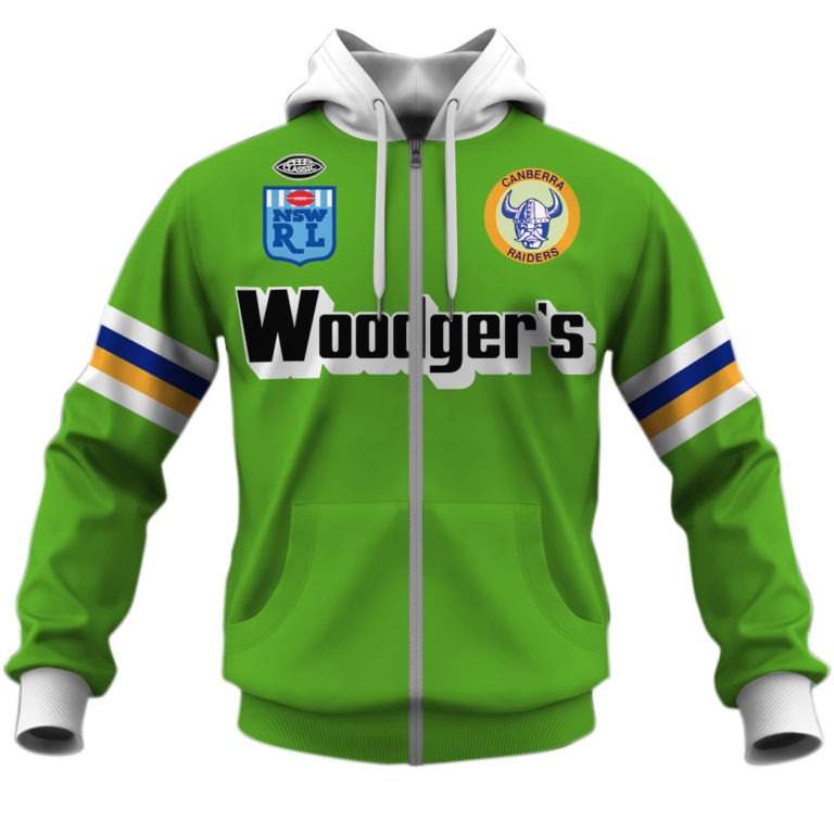 NRL Canberra Raiders Custom Name Number 1989 Vintage Retro Heritage Jersey Zip Up Hoodie NRL Canberra Raiders Custom Name Number 1989 Vintage Retro Heritage Jersey Zip Up Hoodie