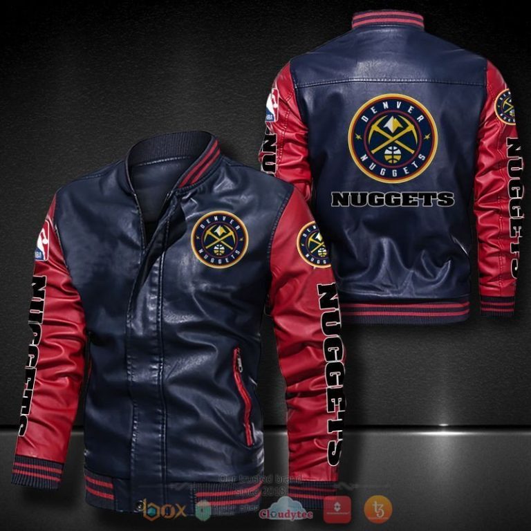NBA Denver Nuggets Navy Blue Red Logo History Leather Bomber Jacket