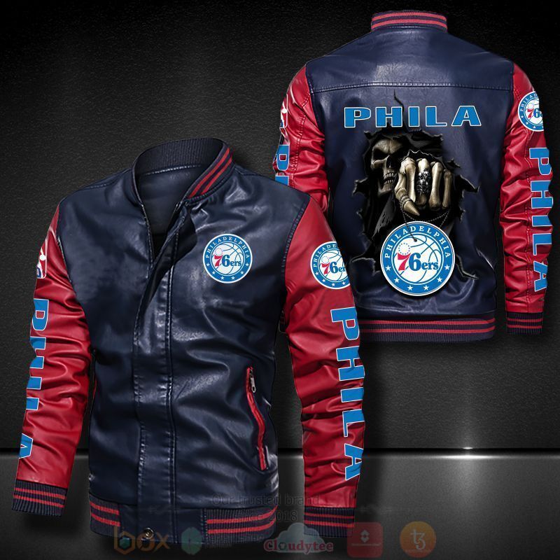NBA Philadelphia 76ers Navy Blue Red Skull Leather Bomber Jacket NBA Philadelphia 76ers Navy Blue Red Skull Leather Bomber Jacket