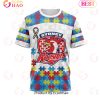NRL Sydney Roosters Custom Name Number Autism Awareness T-Shirt