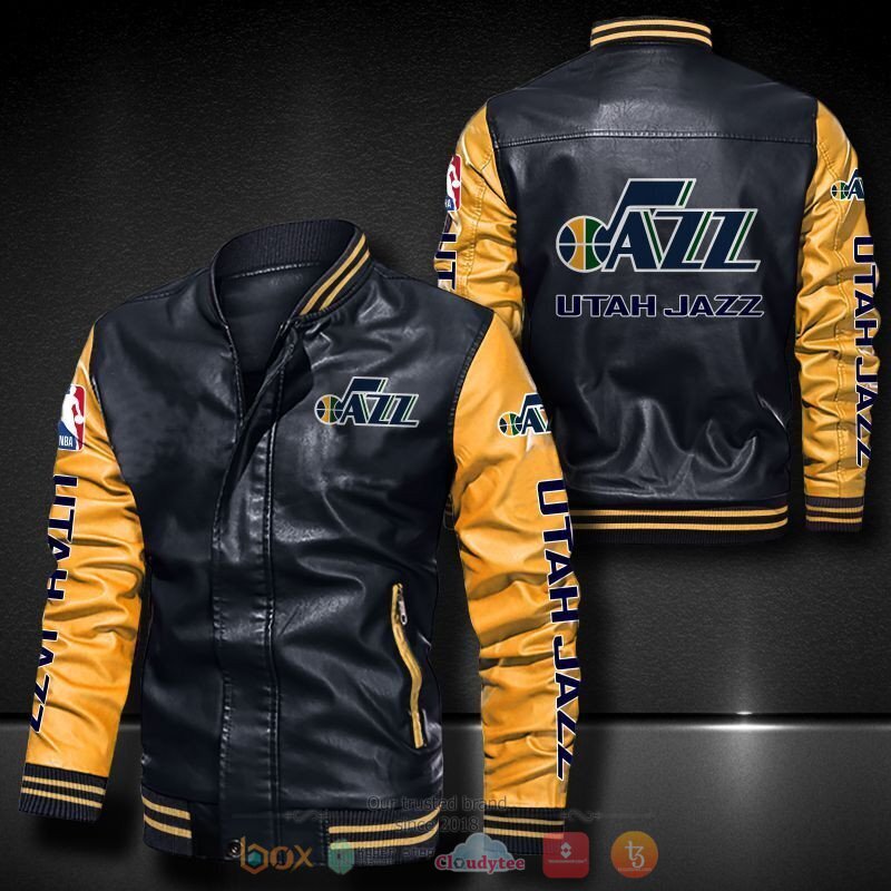 NBA Utah Jazz Black Yellow Leather Bomber Jacket