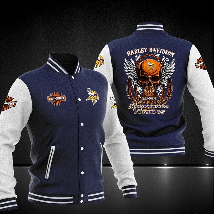 NFL Minnesota Vikings Dark Blue Harley Davidson Baseball Jacket