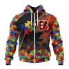 NFL Cincinnati Bengals Custom Name Number Autism Awareness Design Zip Up Hoodie