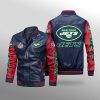 NFL New York Jets Navy Red Leather Bomber Jacket