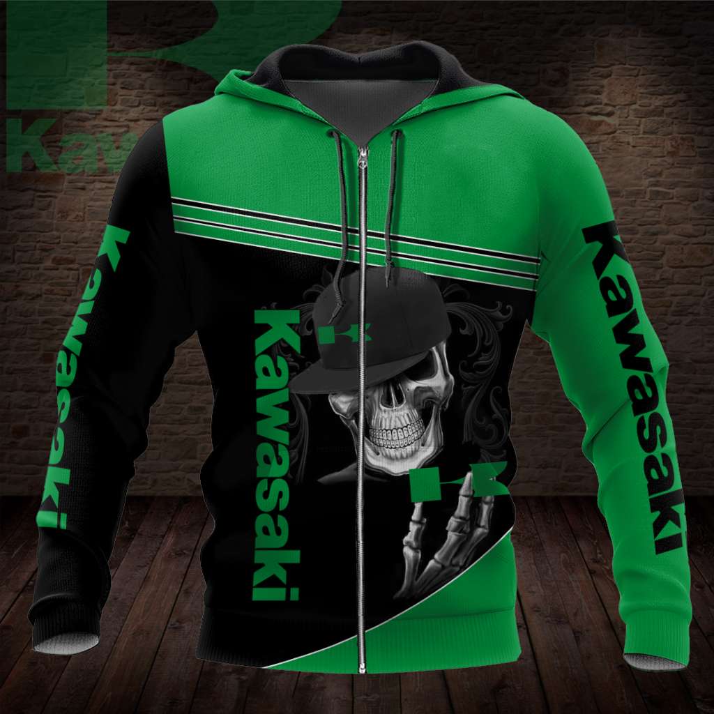 Kawasaki Motorcycles Logo With Skull Zip Up Hoodie