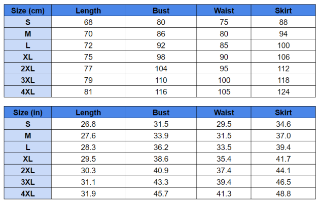 Hollow Tank Top Size Chart