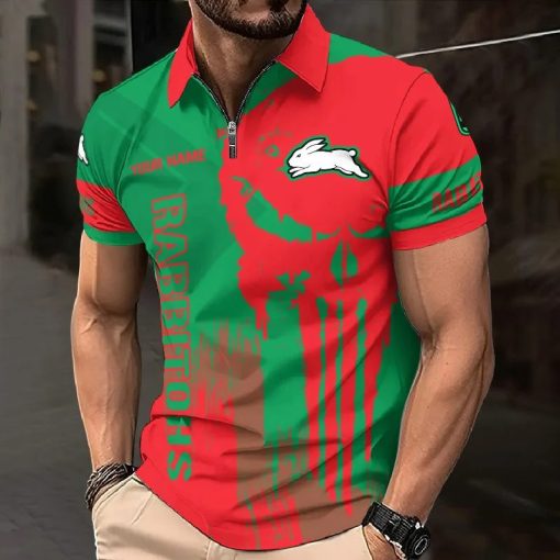 South Sydney Rabbitohs Custom Name New Style Skull Zipper Polo Shirt