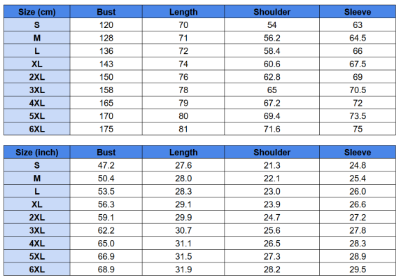 Bomber Jacket Size Chart 
