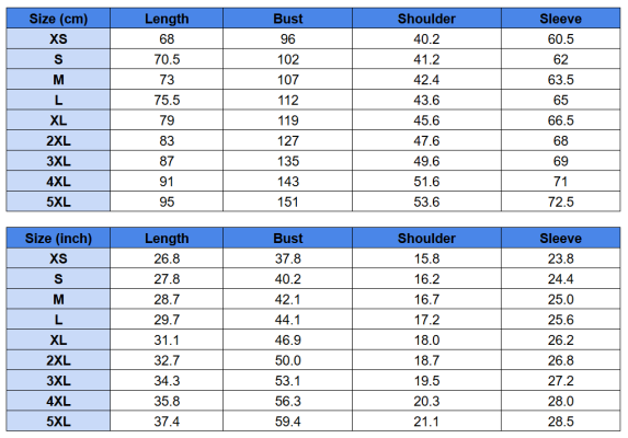 Long Sleeve Shirt Size Chart 