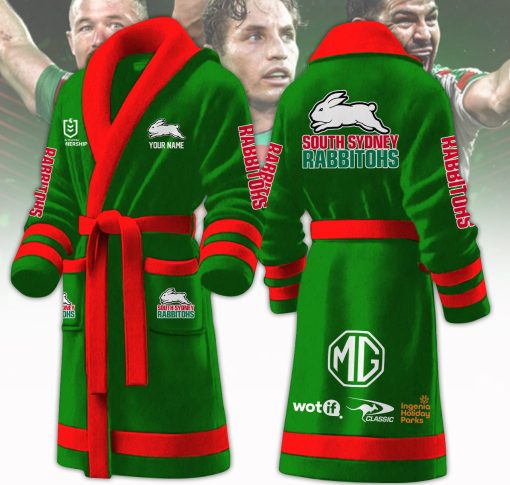 NRL South Sydney Rabbitohs Custom Name New Version Fleece Bathrobe