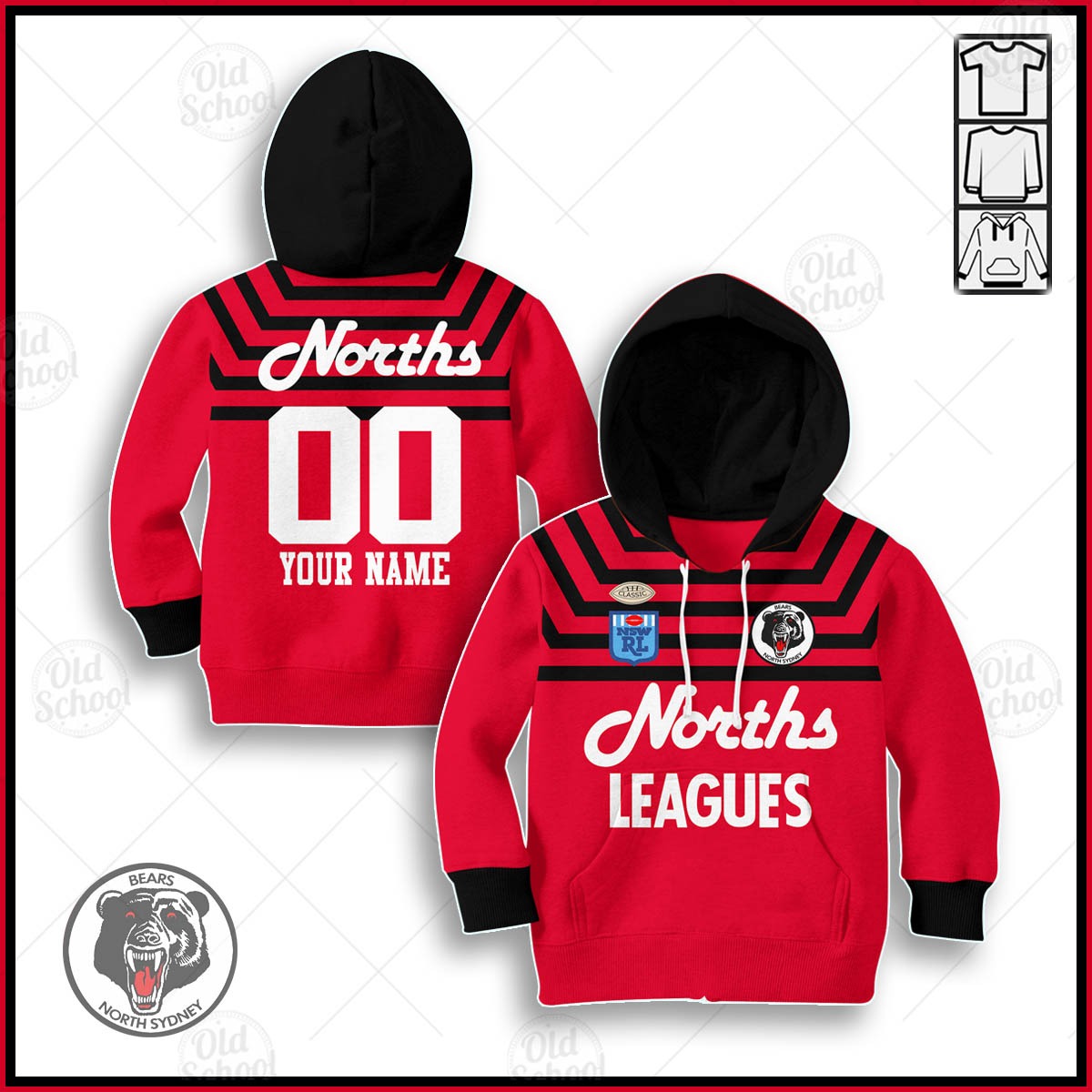 North Sydney Bears Custom Name Number 1991 Vintage Retro Jersey Kids Pullover Hoodie North Sydney Bears Custom Name Number 1991 Vintage Retro Jersey Kids Pullover Hoodie